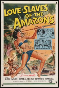 1r509 LOVE-SLAVES OF THE AMAZONS 1sh 1957 Reynold Brown art of sexy female native with spear!