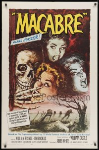 1r510 MACABRE 1sh 1958 William Castle, Besser art of skeleton & screaming babes in graveyard!