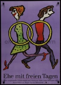 1t558 MARRIAGE WITH DAYS OFF East German 23x32 1984 art of couple entwined with wedding rings!