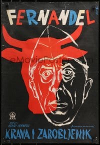 1t173 COW & I Yugoslavian 19x28 1960 Henry Verneuil, art of Fernandel with red bull by Bole M!