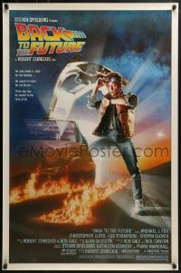 1w627 BACK TO THE FUTURE studio style 1sh 1985 art of Michael J. Fox & Delorean by Drew Struzan!