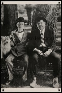 1w298 LAUREL & HARDY 24x36 commercial poster 1980s the great comedy duo on bench with dog!