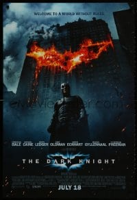 1w681 DARK KNIGHT advance DS int'l 1sh 2008 Christian Bale as Batman in front of burning bat symbol!