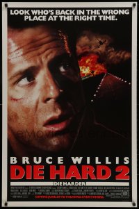 1w697 DIE HARD 2 advance DS 1sh 1990 tough guy Bruce Willis, image of airplane and fire over airport
