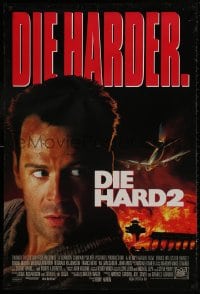 1w698 DIE HARD 2 DS int'l 1sh 1990 tough guy Bruce Willis, image of airplane and fire over airport!