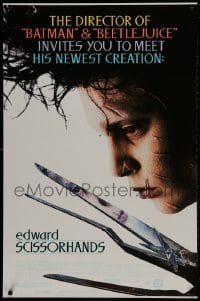1w706 EDWARD SCISSORHANDS 1sh 1990 Tim Burton classic, best close up of scarred Johnny Depp!