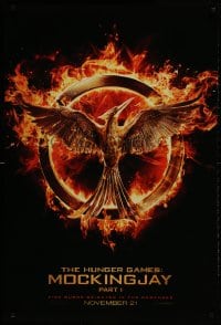1w753 HUNGER GAMES: MOCKINGJAY - PART 1 teaser DS 1sh 2014 logo, fire burns brighter in the darkness
