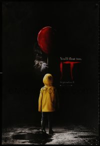 1w771 IT teaser DS 1sh 2017 creepy image of Pennywise handing child balloon, you'll float too!