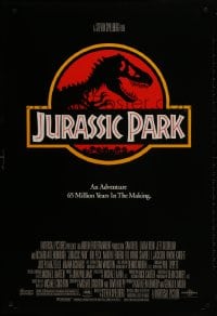 1w777 JURASSIC PARK DS 1sh 1993 Steven Spielberg, classic logo with T-Rex over red background