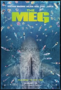 1w813 MEG teaser DS 1sh 2018 image of giant megalodon and terrified swimmers, pleased to eat you!