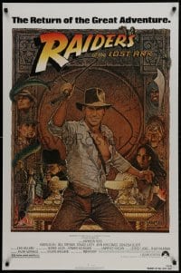 1w863 RAIDERS OF THE LOST ARK 1sh R1982 great Richard Amsel art of adventurer Harrison Ford!
