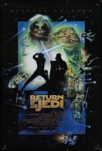 1w879 RETURN OF THE JEDI style E advance 1sh R1997 George Lucas classic, cool montage art by Drew Struzan!