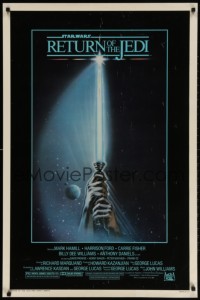 1w877 RETURN OF THE JEDI 1sh 1983 George Lucas, art of hands holding lightsaber by Tim Reamer!