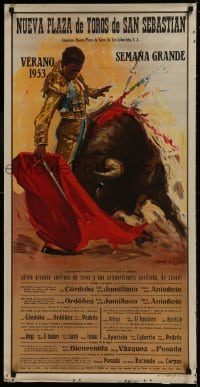 1w413 NUEVA PLAZA DE TOROS DE SAN SEBASTIAN 21x42 Spanish special poster 1953 J. Reus matador art!