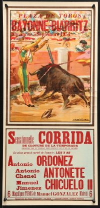 1w422 PLAZA DE TOROS BAYONNE BIARRITZ 13x28 French special poster 1954 bullfight by Saavedra!