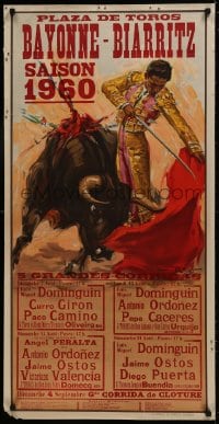 1w421 PLAZA DE TOROS BAYONNE BIARRITZ 21x42 Spanish special poster 1960 art of matador with bull!