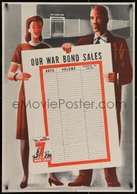 1w089 MIGHTY 7TH WAR LOAN 26x37 WWII war poster 1945 cool art of two people holding chart!