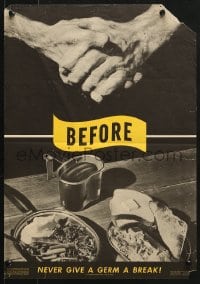 1w090 NEVER GIVE A GERM A BREAK 14x20 WWII war poster 1944 make sure to wash hands before eating!