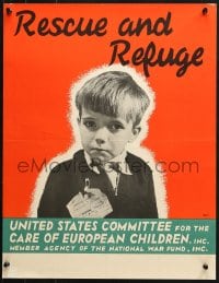 1w104 RESCUE & REFUGE 17x22 WWII war poster 1940s small boy w/an evacuation order pinned to chest!