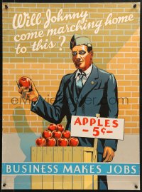 1w135 WILL JOHNNY COME MARCHING HOME TO THIS? 20x27 WWII war poster 1944 veteran selling apples!