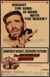 1y023 AFRICAN QUEEN 1sh R1968 colorful montage artwork of Humphrey Bogart & Katharine Hepburn!