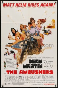 1y036 AMBUSHERS 1sh 1967 art of Dean Martin as Matt Helm with sexy Slaygirls on motorcycle!