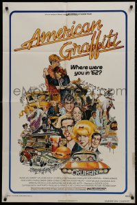 1y037 AMERICAN GRAFFITI 1sh 1973 George Lucas teen classic, Mort Drucker montage art of cast!