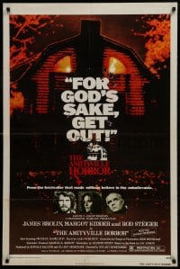 1y039 AMITYVILLE HORROR 1sh 1979 great image of haunted house, for God's sake get out!