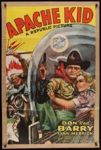 1y052 APACHE KID 1sh 1941 art of Don Red Barry & Lynn Merrick on stagecoach chased by Indian!
