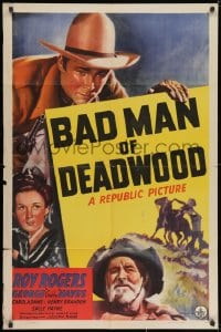 1y068 BAD MAN OF DEADWOOD 1sh 1941 art of Roy Rogers with gun drawn, Gabby Hayes, Carol Adams!