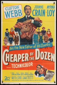 1y171 CHEAPER BY THE DOZEN 1sh 1950 art of Clifton Webb holding baby w/kids in background!