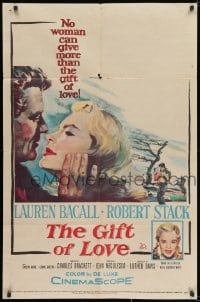 1y358 GIFT OF LOVE 1sh 1958 great romantic close up art of Lauren Bacall & Robert Stack!