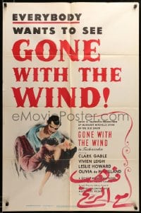 1y364 GONE WITH THE WIND 1sh R1947 romantic art of Clark Gable & Vivien Leigh, all-time classic!