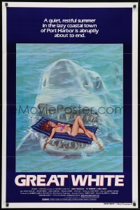 1y382 GREAT WHITE style A 1sh 1982 great artwork of huge shark attacking girl in bikini on raft!