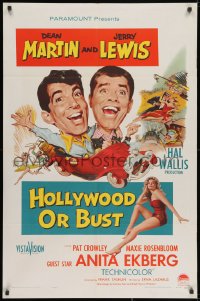 1y418 HOLLYWOOD OR BUST 1sh 1956 wacky art of Dean Martin & Jerry Lewis in car, Anita Ekberg!
