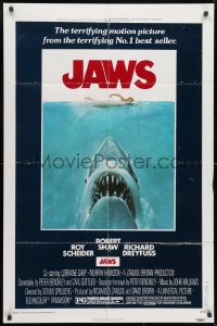 1y469 JAWS 1sh 1975 art of Steven Spielberg's classic man-eating shark attacking swimmer!