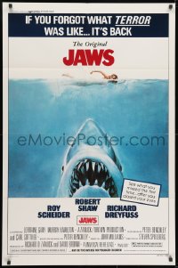 1y470 JAWS 1sh R1979 Steven Spielberg's classic man-eating shark attacking sexy swimmer!