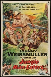 1y488 JUNGLE MAN-EATERS 1sh 1954 Cravath art of Johnny Weissmuller as Jungle Jim vs cannibals!