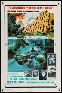1y499 LAND THAT TIME FORGOT 1sh 1975 Edgar Rice Burroughs, cool George Akimoto dinosaur art!