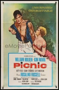 1y659 PICNIC 1sh R1961 great art of barechested William Holden & very sexy Kim Novak w/ short hair!