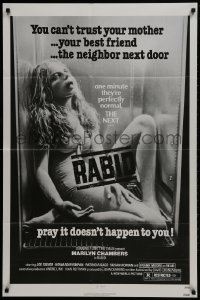 1y685 RABID 1sh 1977 Marilyn Chambers, image of dead girl in refrigerator, Cronenberg directed!