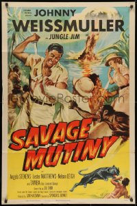 1y752 SAVAGE MUTINY 1sh 1953 art of Johnny Weissmuller as Jungle Jim fighting island natives!