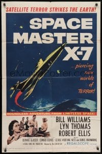 1y805 SPACE MASTER X-7 1sh 1958 satellite terror strikes the Earth, cool art of rocket ship!