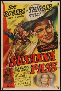 1y839 SUSANNA PASS 1sh 1949 great art of Roy Rogers riding Trigger, plus sexy Dale Evans!