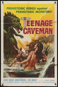 1y861 TEENAGE CAVEMAN 1sh 1958 sexy art of prehistoric rebels against prehistoric monsters!