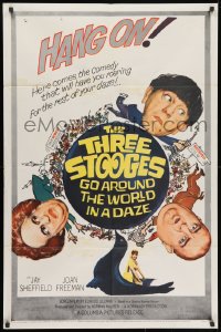 1y887 THREE STOOGES GO AROUND THE WORLD IN A DAZE 1sh 1963 wacky art of Moe, Larry & Curly-Joe!