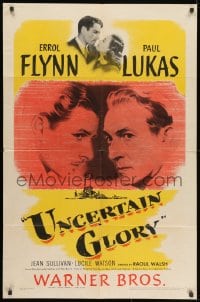 1y916 UNCERTAIN GLORY 1sh 1944 art of French Errol Flynn face-to-face with Nazi Paul Lukas!
