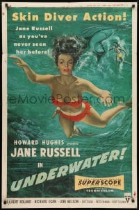 1y921 UNDERWATER 1sh 1955 Howard Hughes, art of sexiest skin diver Jane Russell swimming by shark!