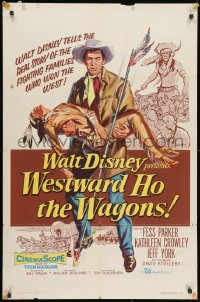 1y950 WESTWARD HO THE WAGONS 1sh 1957 artwork of cowboy Fess Parker holding Native American!
