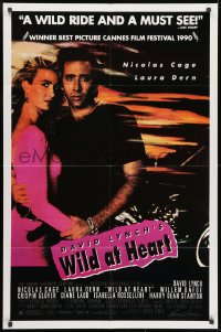 1y963 WILD AT HEART 1sh 1990 David Lynch, sexiest close-up image of Nicolas Cage & Laura Dern!